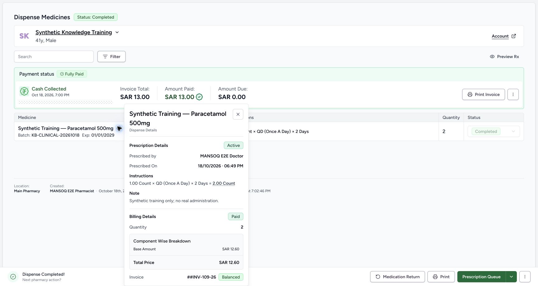 Read prescription and billing details, then close the read-only popover. Actual fictional MANSOQ Pharmacist desktop walkthrough.