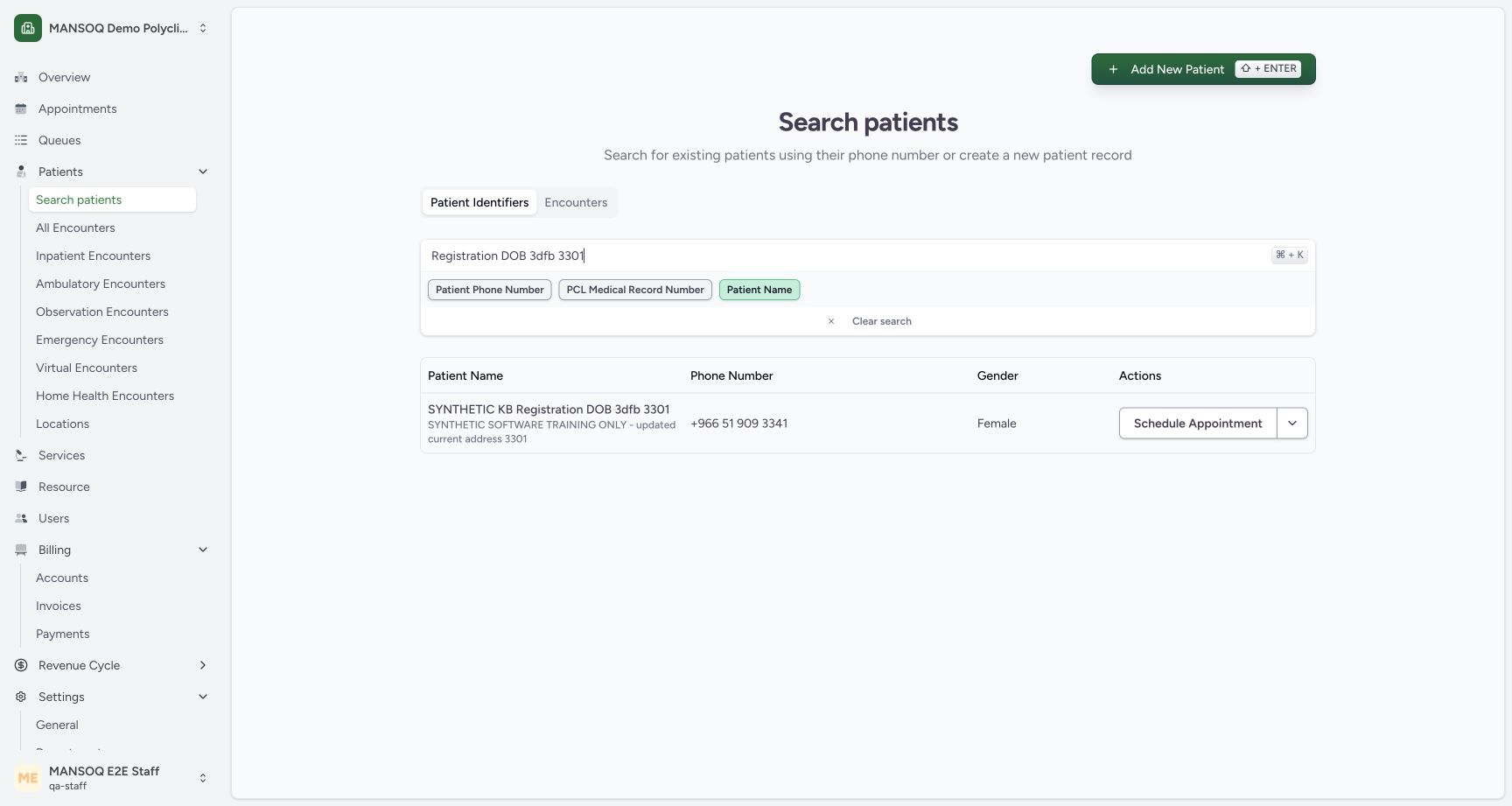 Read a matching patient-name result. Genuine synthetic Polyclinic search view.