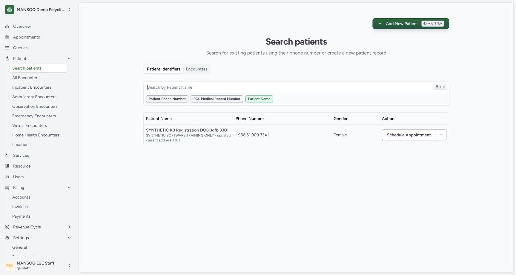 Clear input with the previous result retained. Genuine synthetic Polyclinic search view.