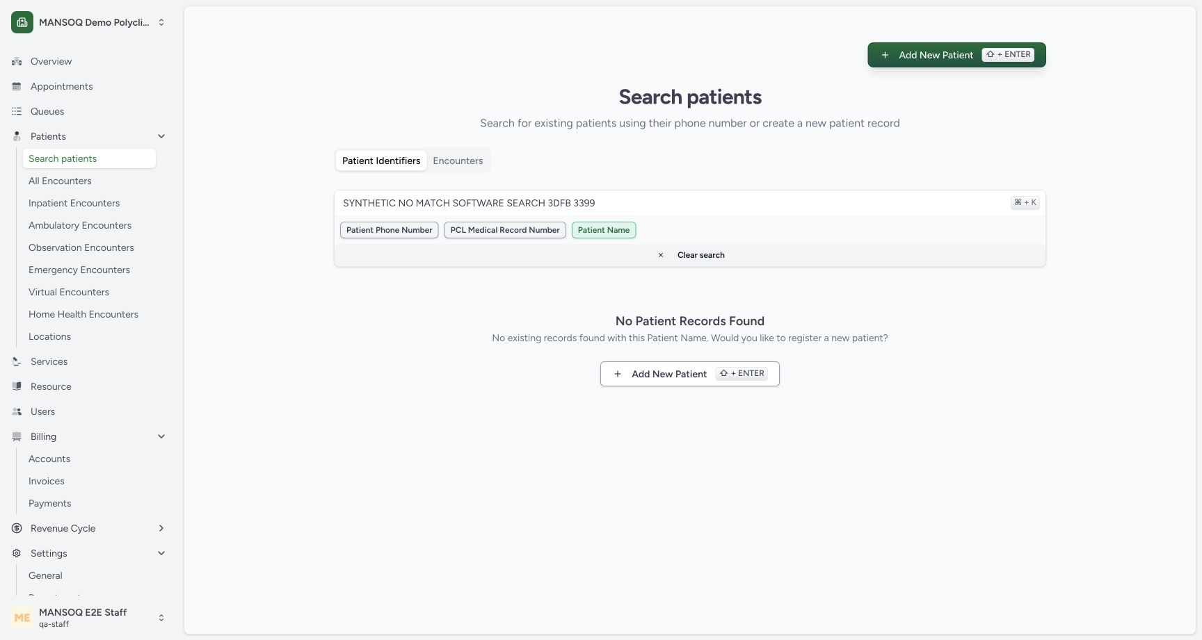 Read an unmatched patient-name result. Genuine synthetic Polyclinic search view.