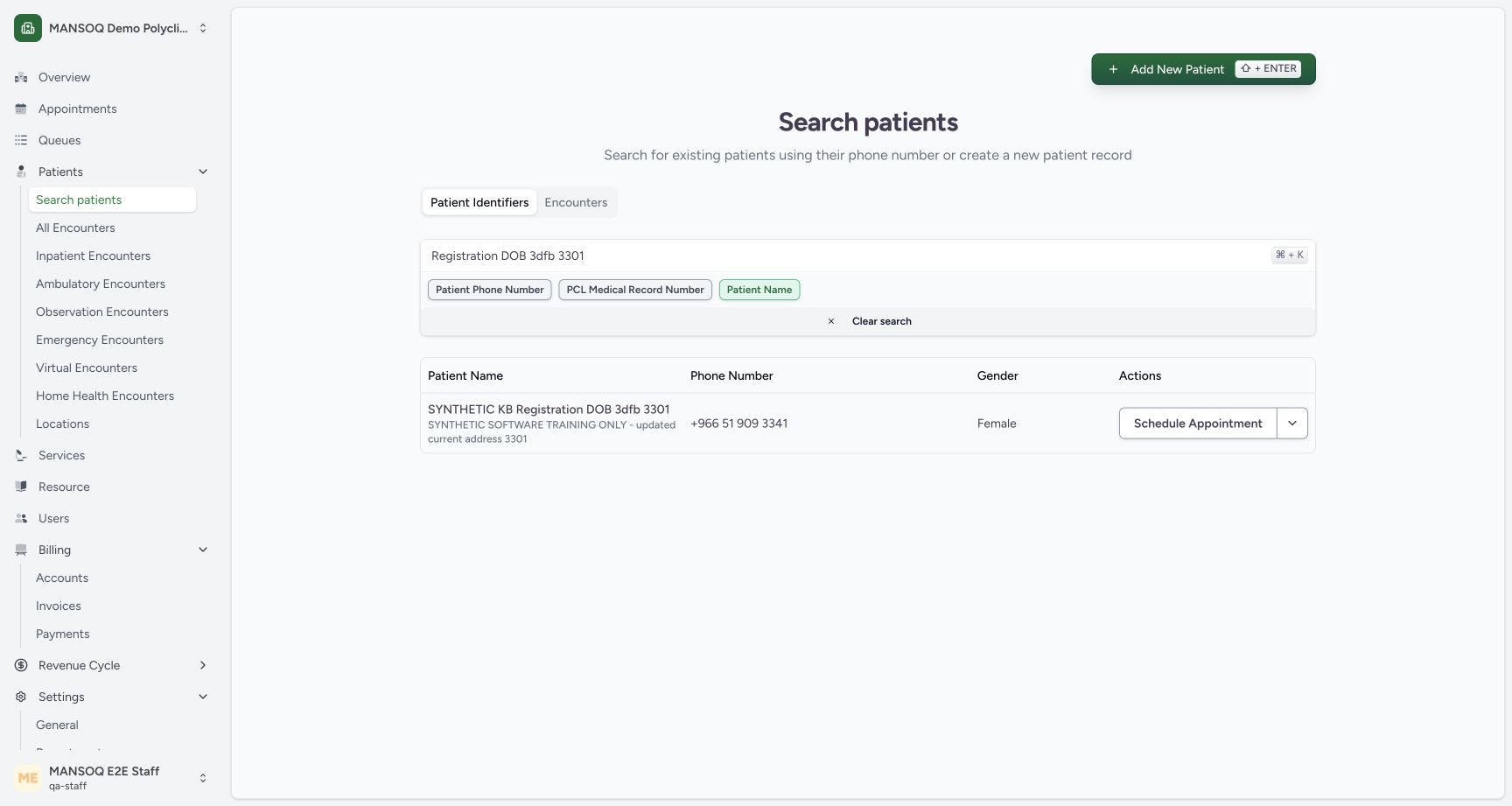 Recover the known matching result. Genuine synthetic Polyclinic search view.