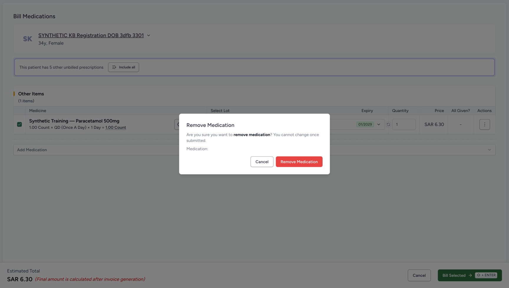 The Remove Medication confirmation has a blank Medication: detail. Cancel preserves the current local row; Remove Medication confirms removal of the row that opened this dialog.