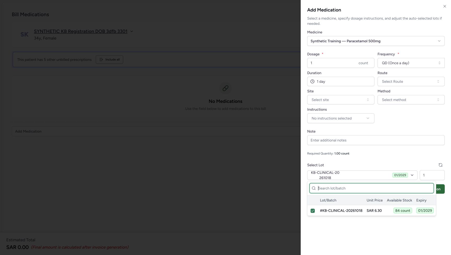 This later read-only opened lot list shows selected #KB-CLINICAL-20261018, unit price SAR 6.30, available stock 84 count and expiry 01/2029. No checkbox or lot quantity is changed in this illustration.