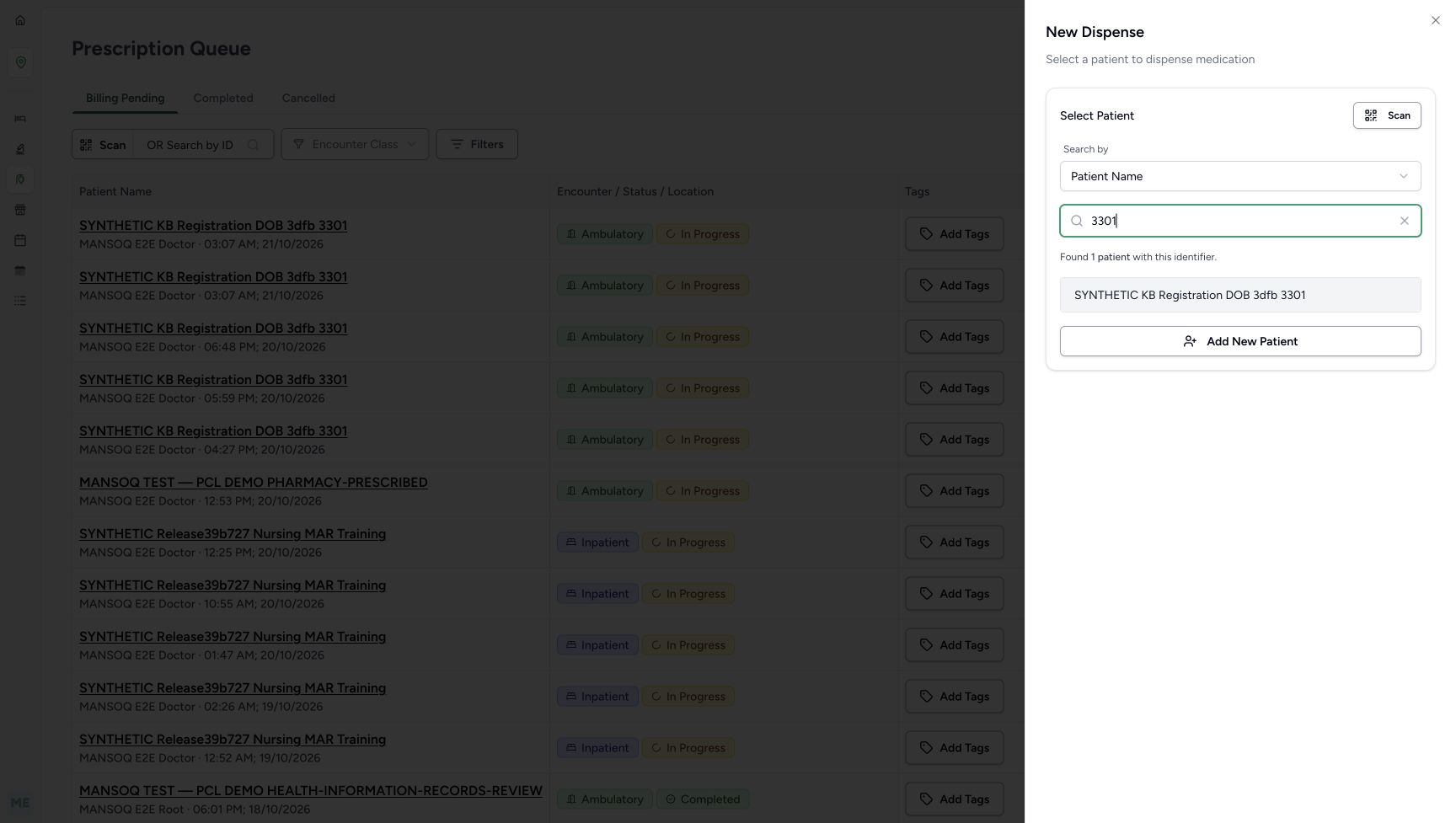 Searching 3301 under the configured Patient Name choice returns one full result: SYNTHETIC KB Registration DOB 3dfb 3301. Add New Patient remains a separate unused option.