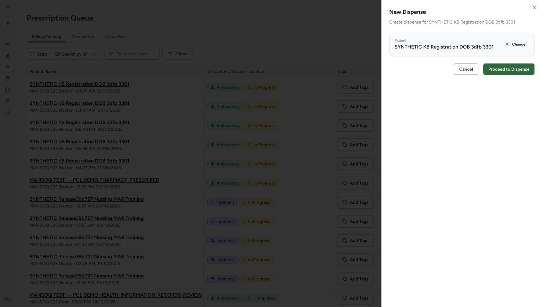 The patient is selected directly from the full search result. Its full name appears with Change, footer Cancel, Proceed to Dispense and the separate Sheet X; no birth-year verification dialog appears in this example.
