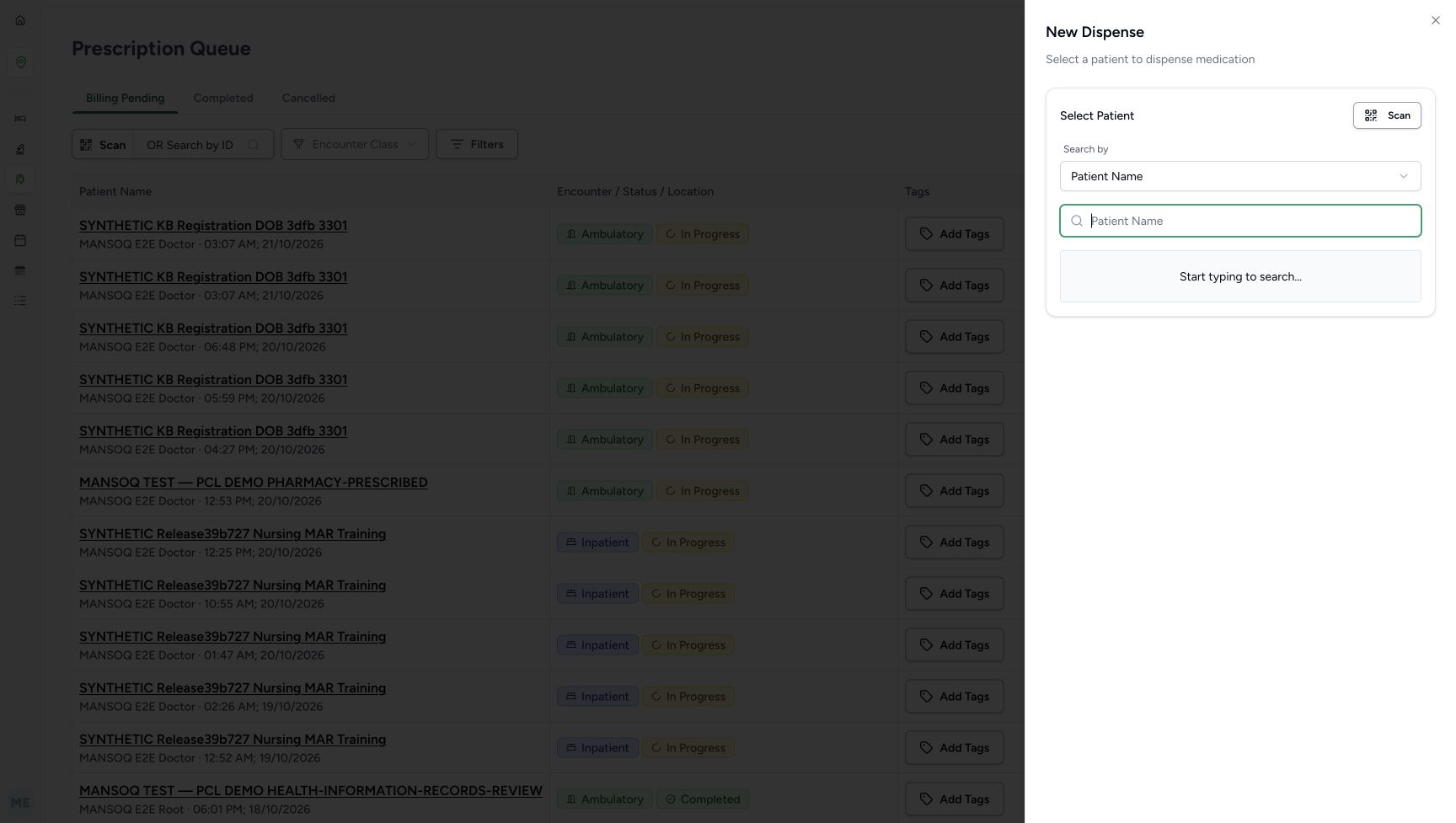 The settled selector has Patient Name, an empty search input, Start typing to search and a fully visible Sheet X. This view illustrates normal entry and the same empty result after an X-close and reopen.