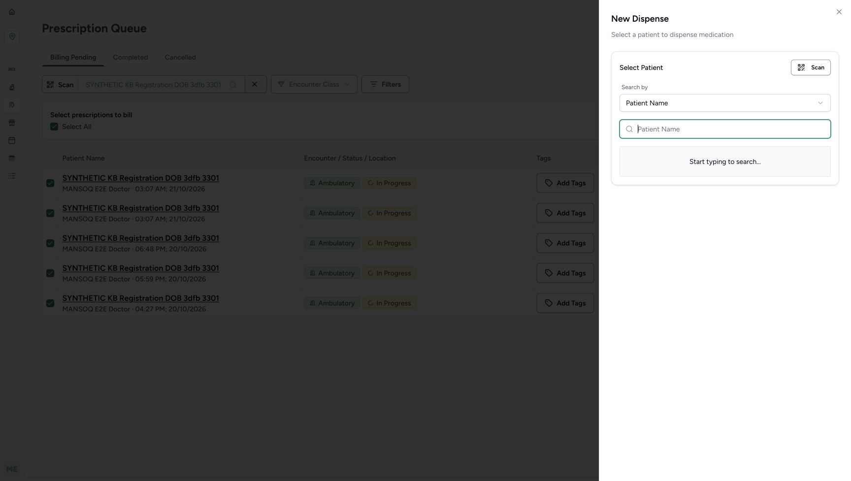 After the failed preselected-patient lookup, the original selector is fully visible with Patient Name and an empty search field. The same queue patient remains selected behind it; the missing notification does not establish a successful lookup.