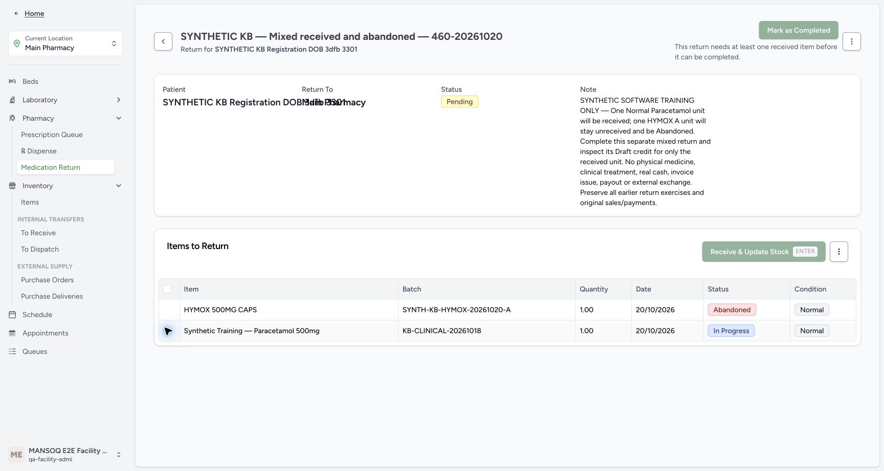 The parent is Pending with no item selected. Receiving is disabled, and the completion requirement is visible because there is no received item yet.
