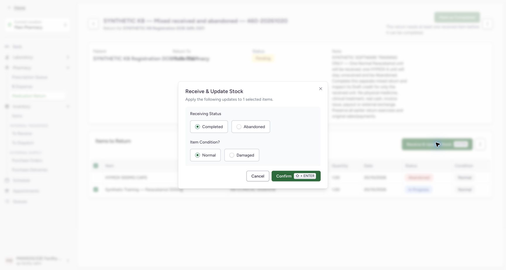 The receiving dialog applies to one selected item, with Completed receiving status and Normal condition selected.