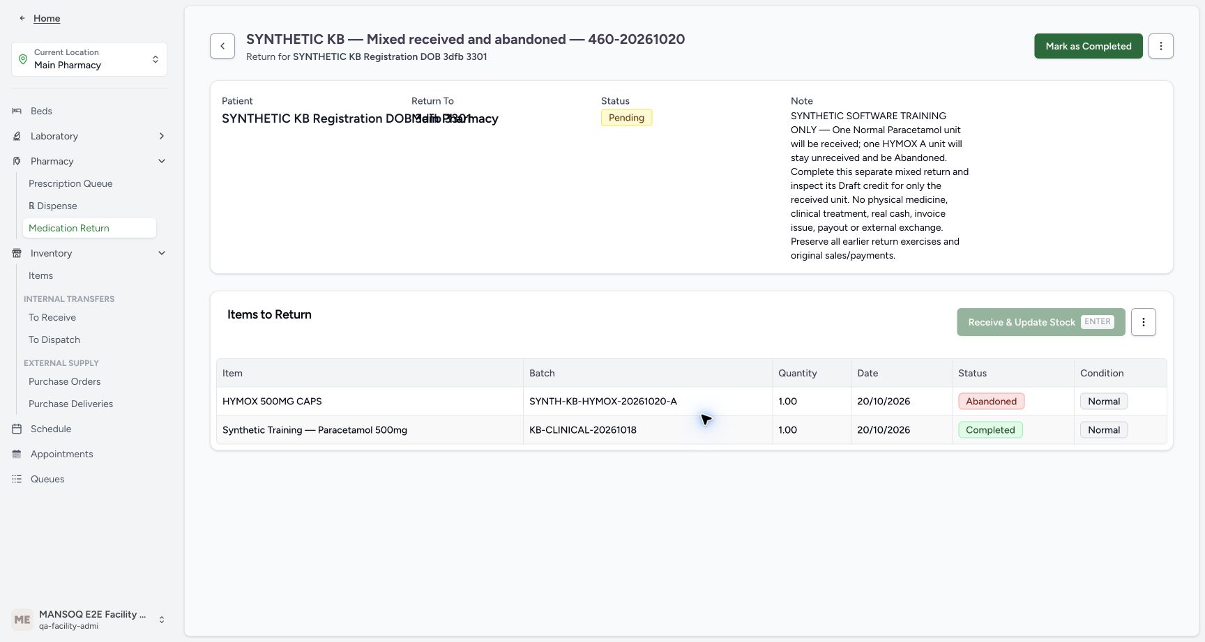 The Pending parent now has Paracetamol Completed/Normal and HYMOX Abandoned/Normal. Receiving is disabled with no selected item; parent completion is enabled.