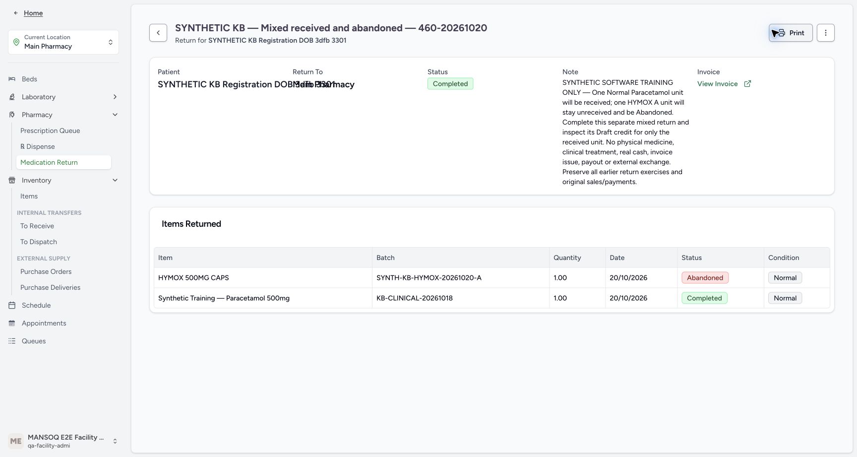 The parent is Completed, with a View Invoice link. Paracetamol is Completed/Normal and HYMOX is still Abandoned/Normal, quantity one each.