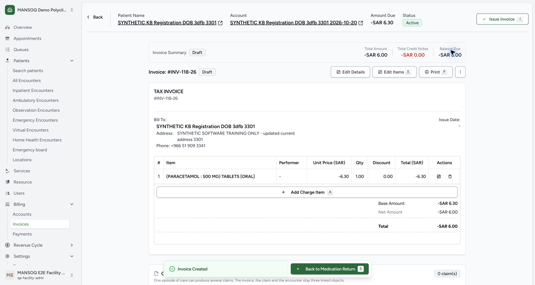 INV-118-26 is Draft with no Issue Date and one Paracetamol line for quantity one. Its line and base are minus SAR 6.30, while the displayed invoice total is minus SAR 6.00.