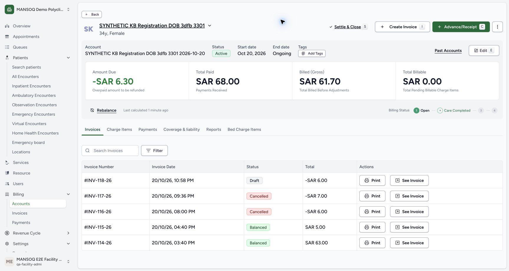 The Active account shows minus SAR 6.30 due, SAR 68.00 paid and SAR 61.70 gross. New INV-118-26 is Draft at minus SAR 6.00 beside the earlier two Cancelled refunds and two Balanced sales.