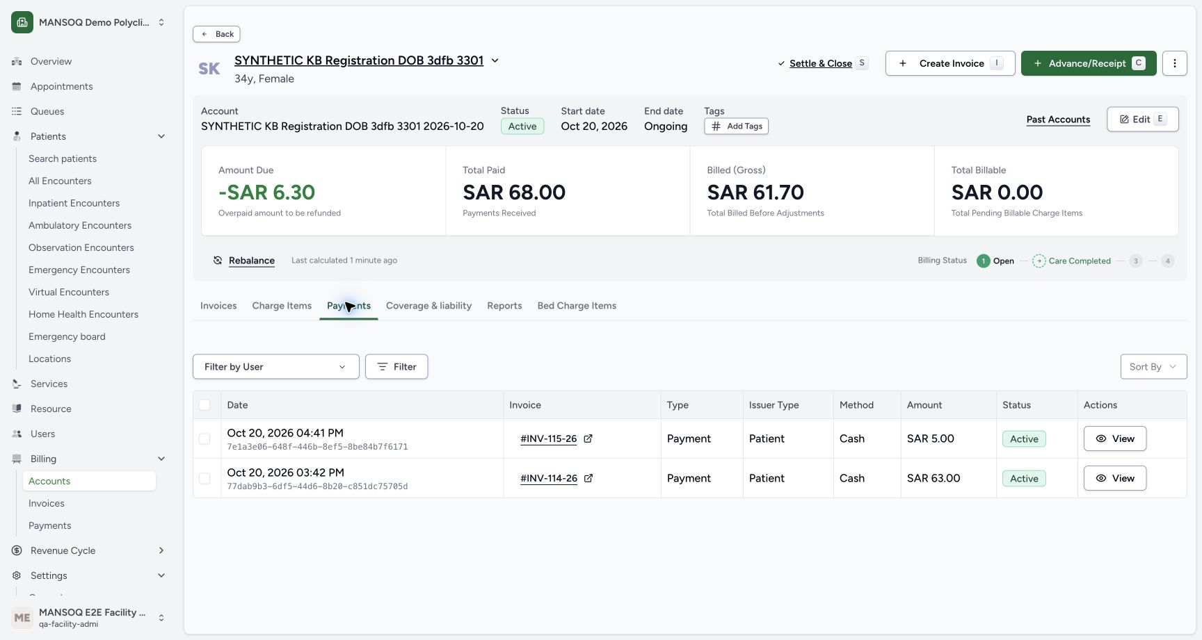 The account Payments tab shows the same active Cash entries of SAR 5.00 and SAR 63.00, total paid SAR 68.00, with minus SAR 6.30 due.