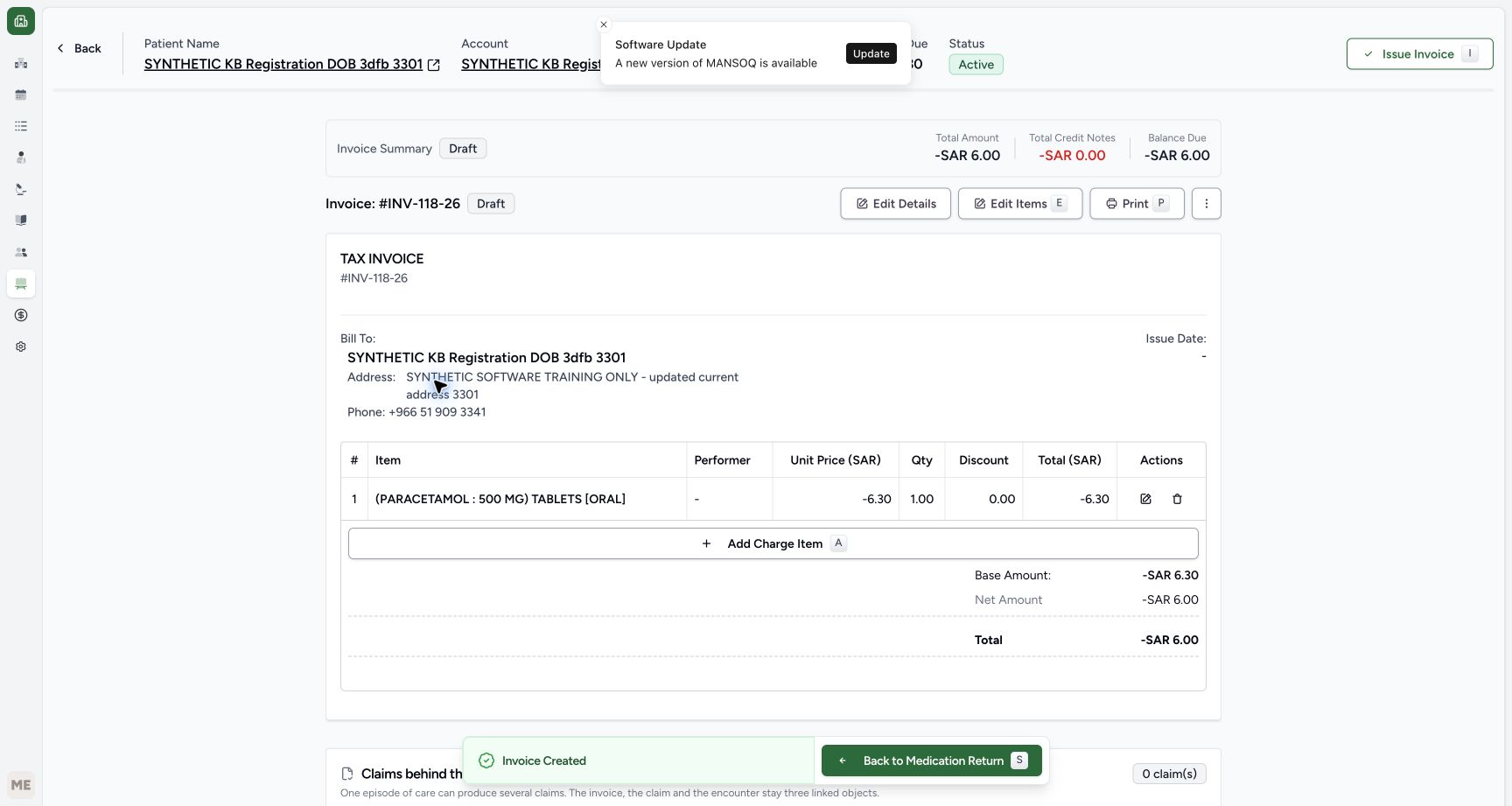 The same Draft INV-118-26 has the source-aware Back to Medication Return footer. The recurring Software Update and Invoice Created notices do not change its saved status.