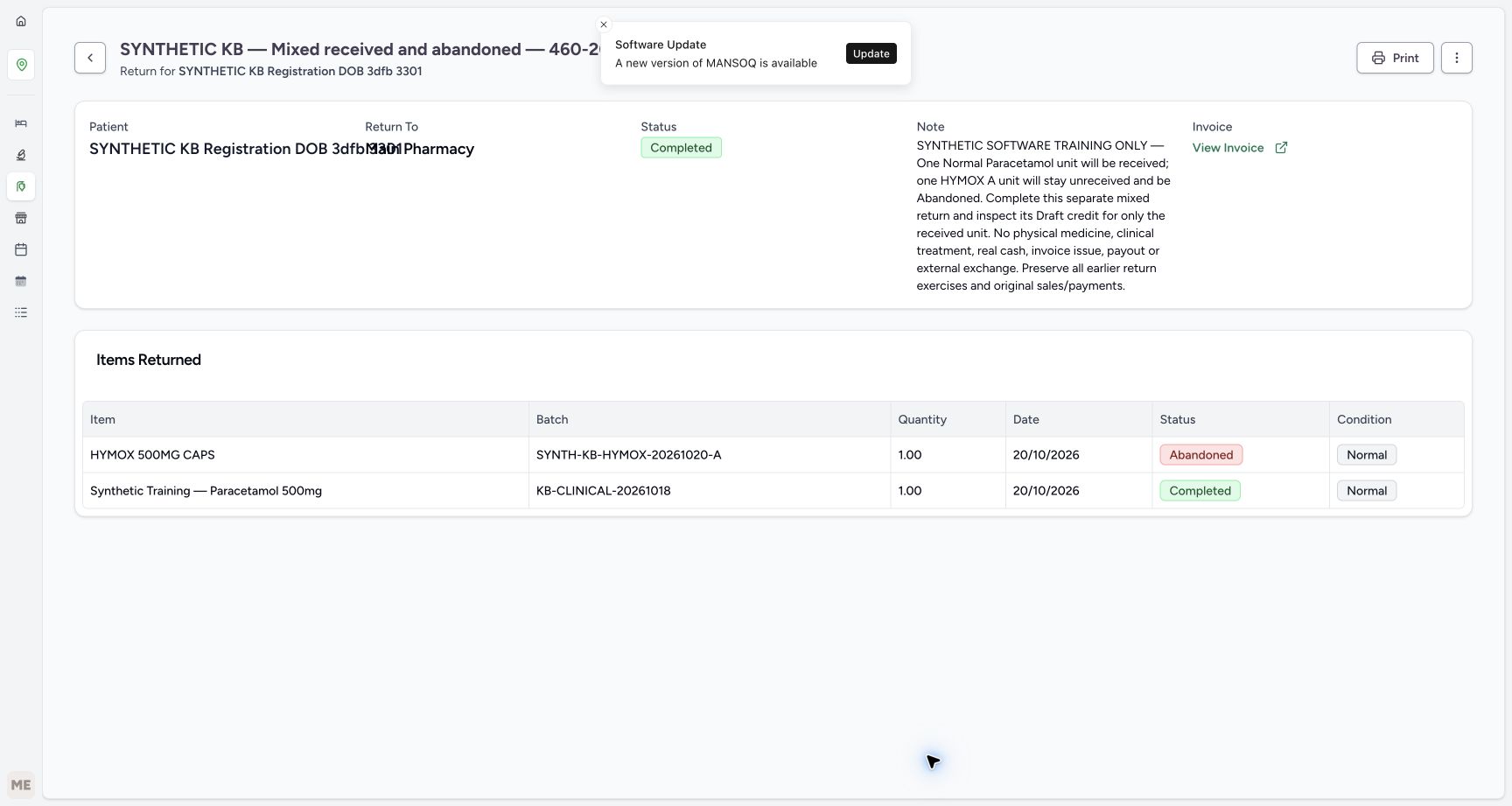 The same parent remains Completed after normal reload, with HYMOX Abandoned/Normal and Paracetamol Completed/Normal, one unit each. The unrelated Software Update notice recurs.