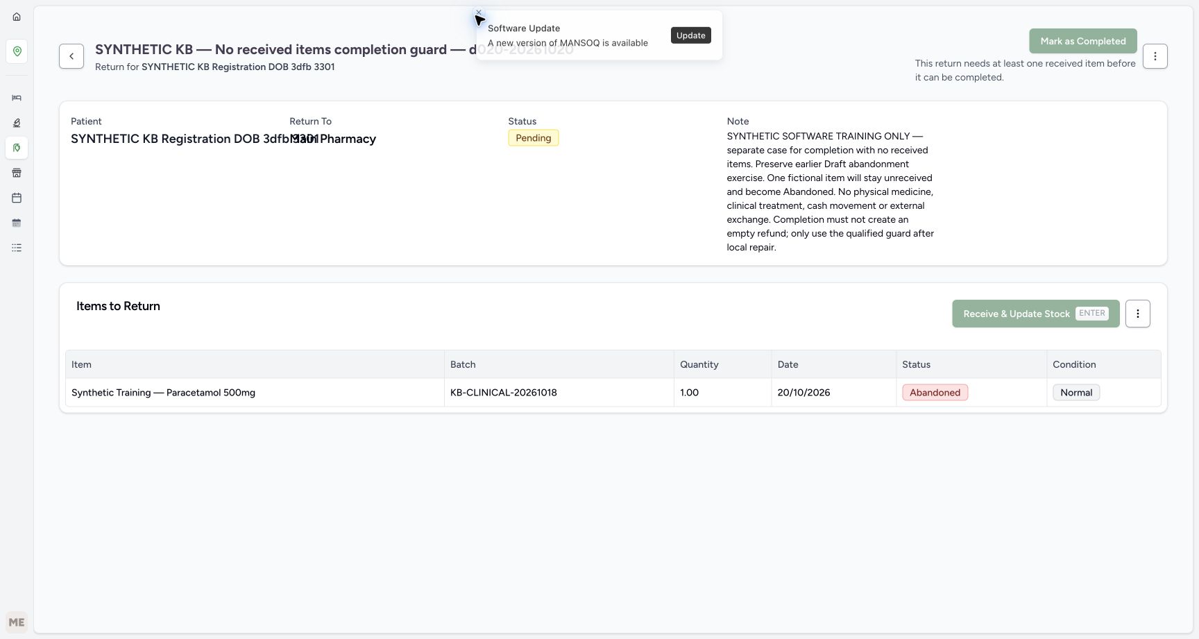The parent is Pending with one Abandoned item. Mark as Completed is disabled beside the received-item requirement; Receive & Update Stock is disabled. An unrelated Software Update notice remains visible.