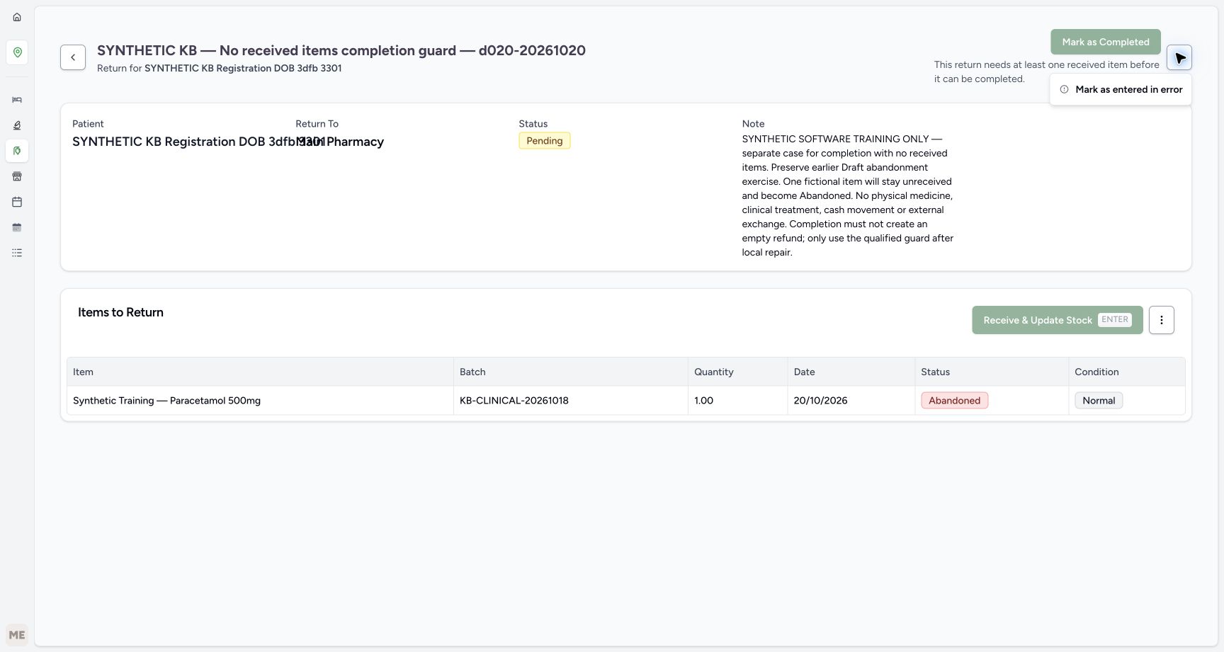 The Pending return’s parent menu offers Mark as entered in error as a separate optional correction.