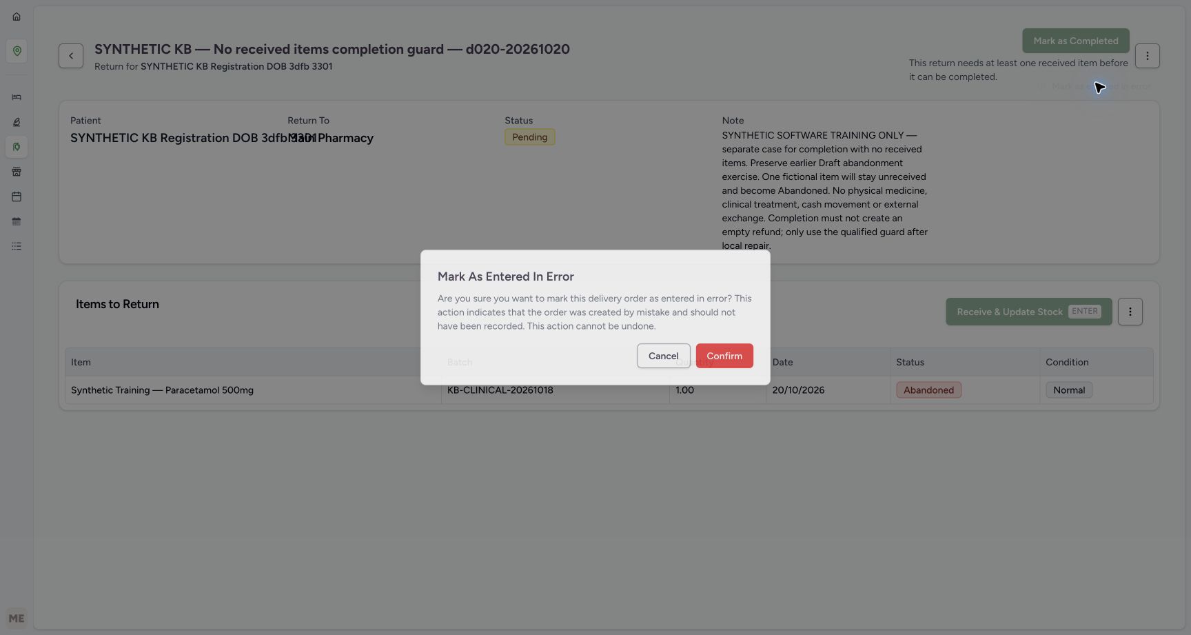 The warning says the order was created by mistake and cannot be undone, with separate Cancel and Confirm controls.