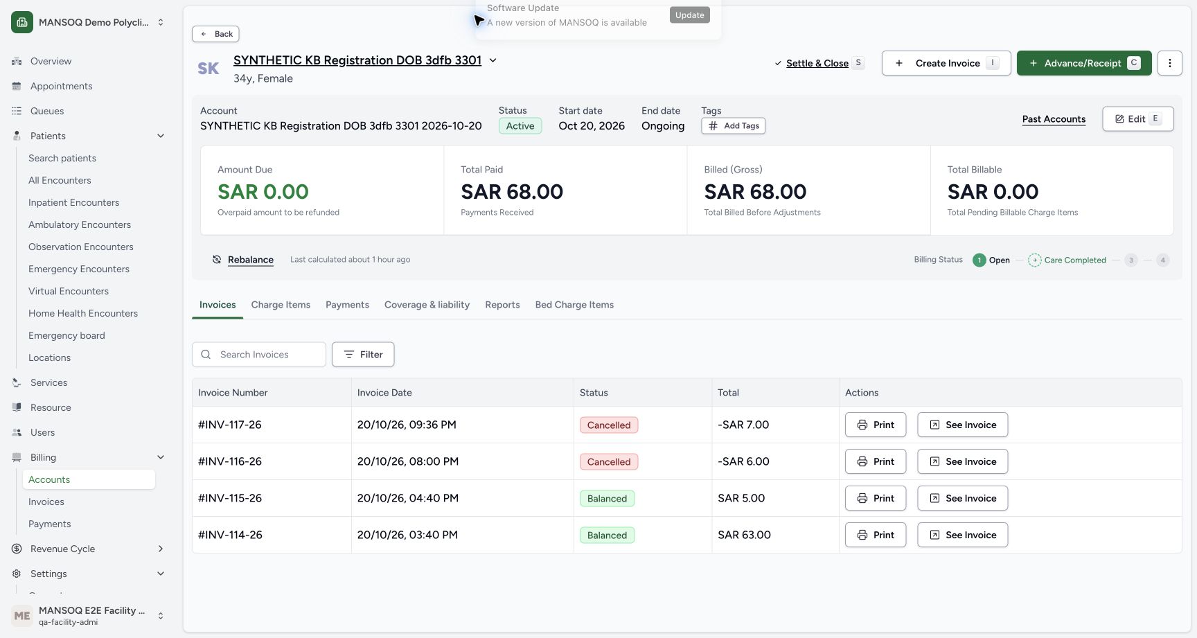 The account has zero due, SAR 68.00 paid and SAR 68.00 gross, with the same two Cancelled refunds and two Balanced sales. The unrelated Software Update notice is visible.