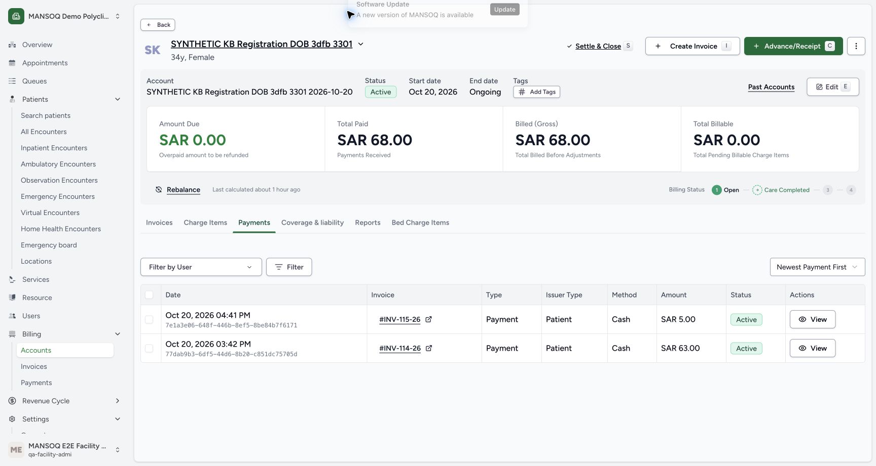 After normal reload, the account still has zero due, SAR 68.00 paid and gross, and only the same original cash payments. The separate Software Update notice is unrelated.