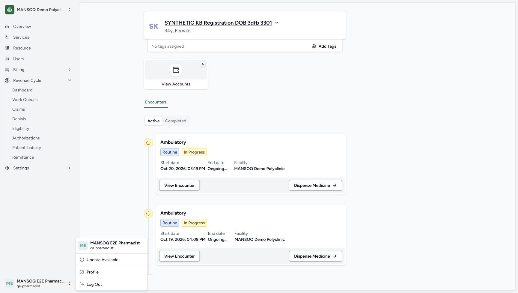 The existing MANSOQ E2E Pharmacist account menu is open on the synthetic patient page at MANSOQ Demo Polyclinic. This is an identity check, not the lesson entry route.