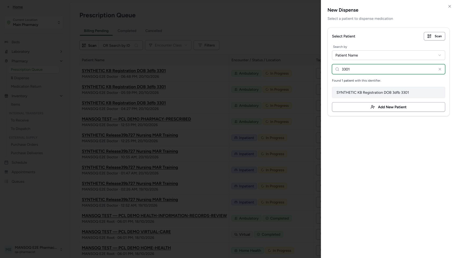 New Dispense shows Patient Name search, the query 3301 and one matching existing synthetic patient.