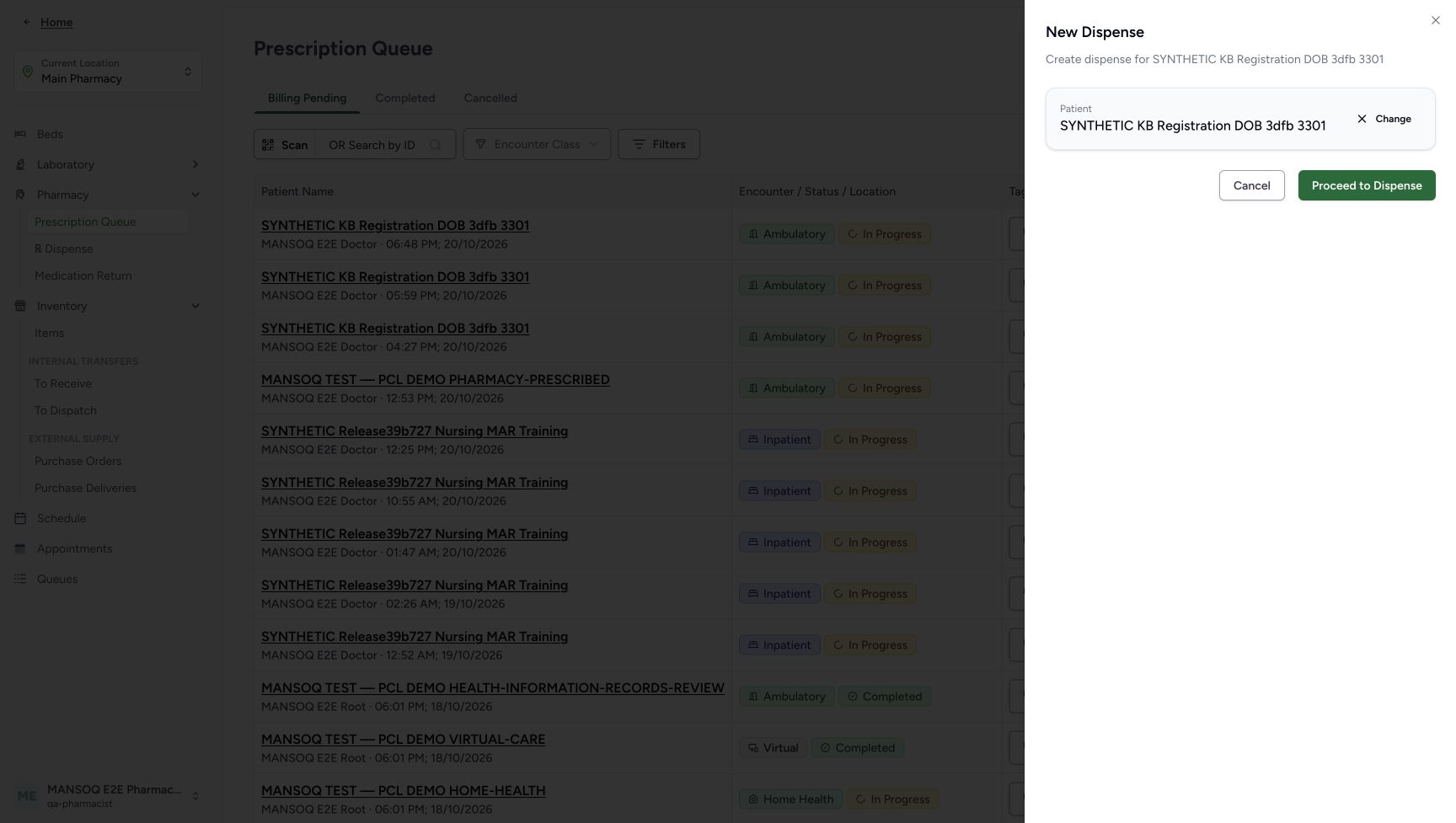 The New Dispense sheet shows the full selected patient and the separate Change, Cancel and Proceed to Dispense controls.