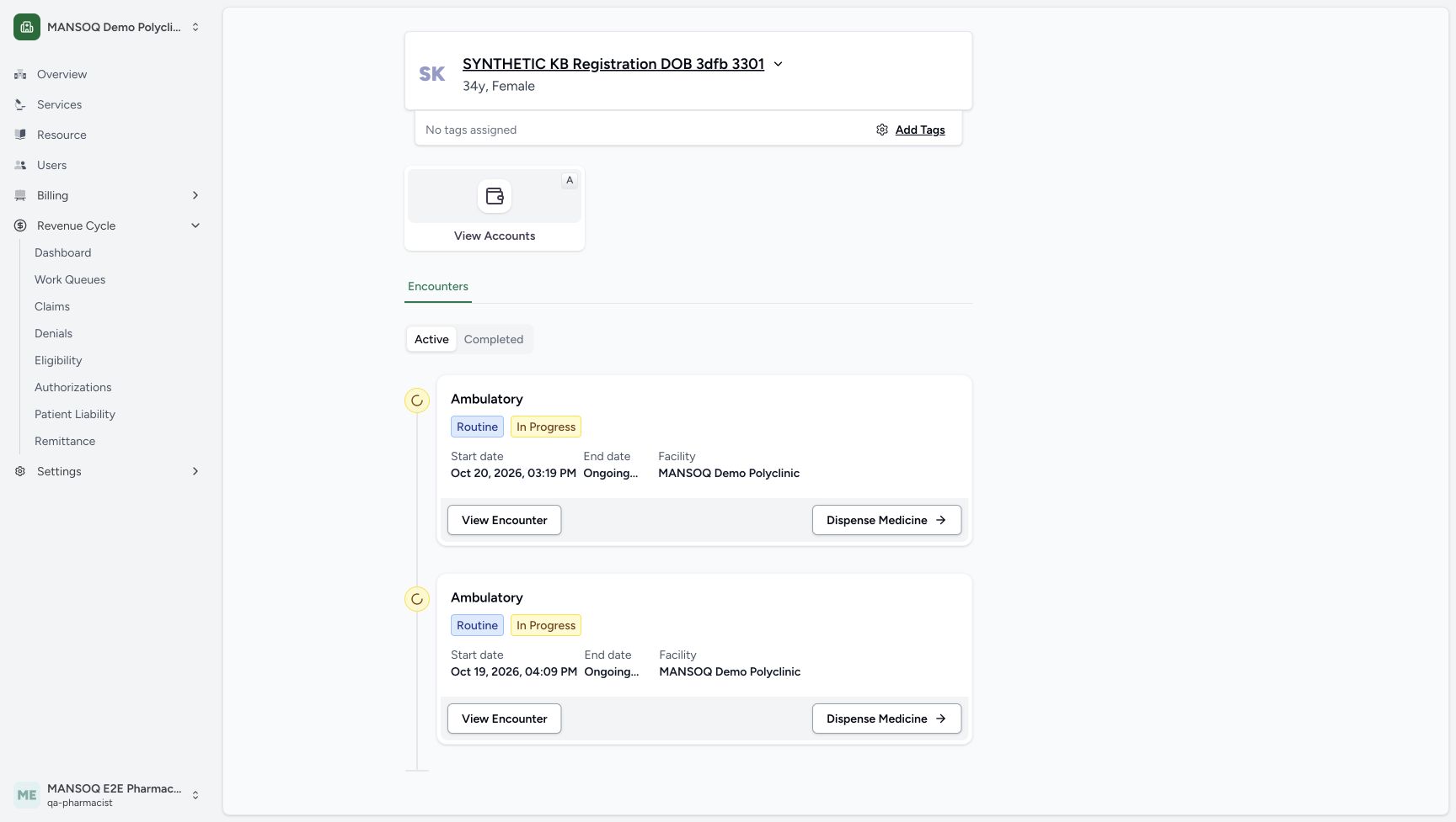 The patient page shows two active encounters. The intended current encounter started October 20 at 03:19 PM; its Dispense Medicine button is distinct from the older October 19 encounter.