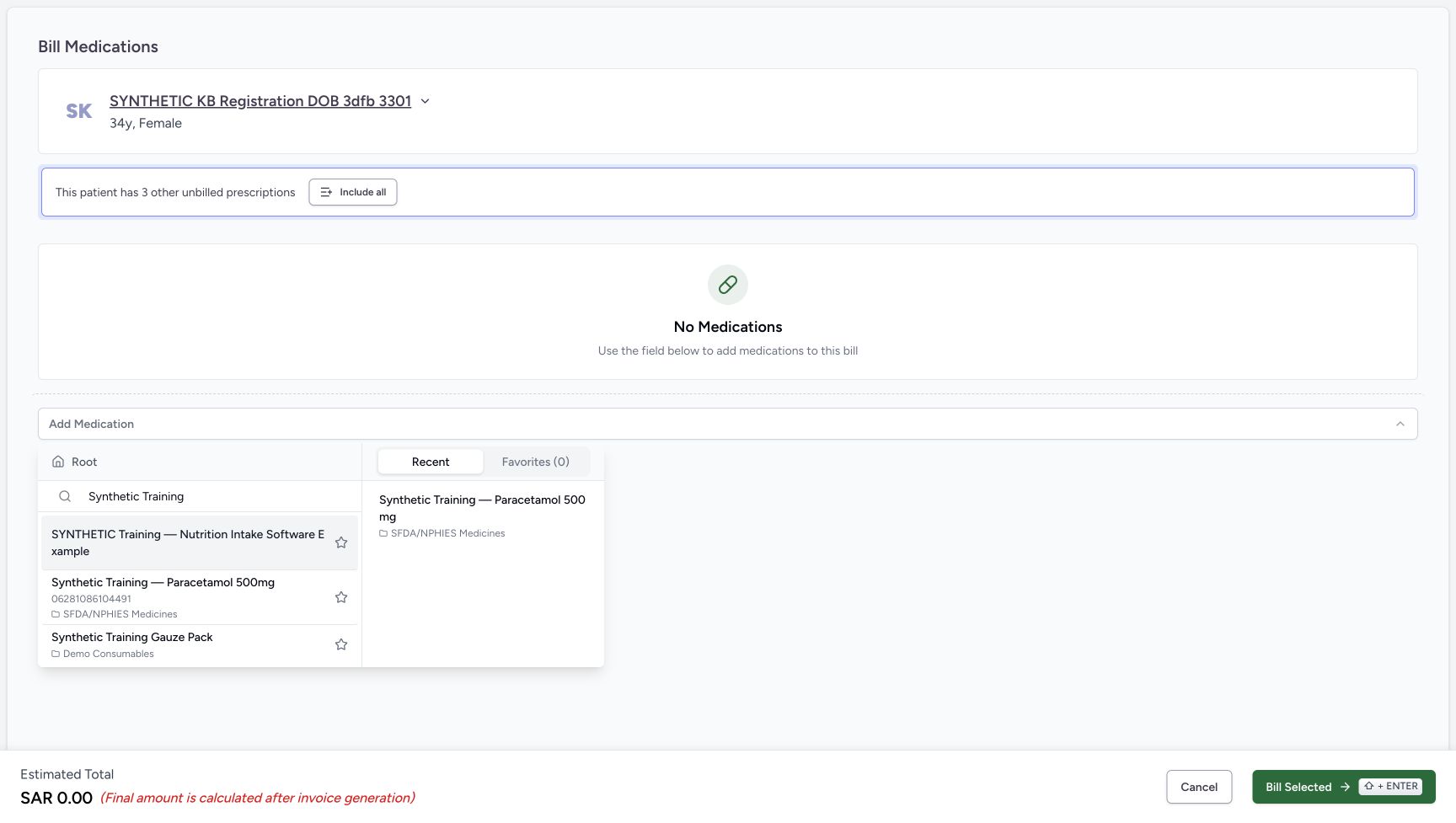 The Add Medication catalogue is open at Root with Synthetic Training search. The intended Paracetamol 500mg result shows code 06281086104491 under SFDA/NPHIES Medicines.
