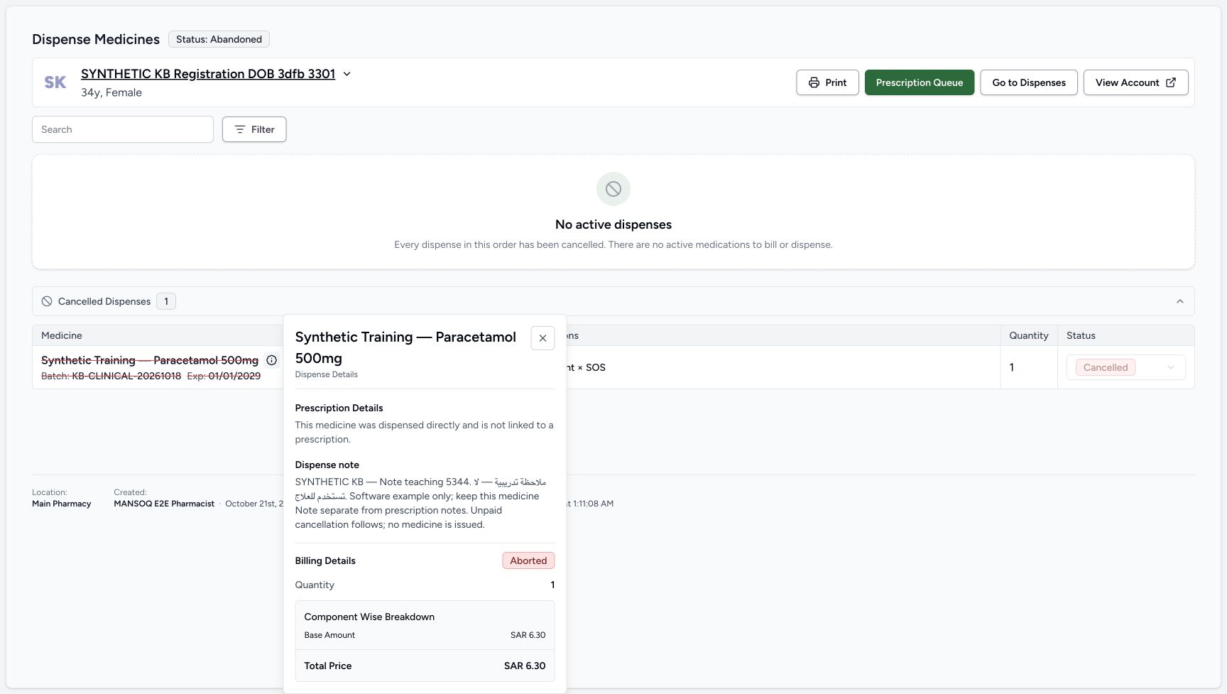 The Cancelled row information popover retains the complete same Dispense note after reload. Its Billing Details label is Aborted for the charge; this is not a post-cancellation invoice screen.