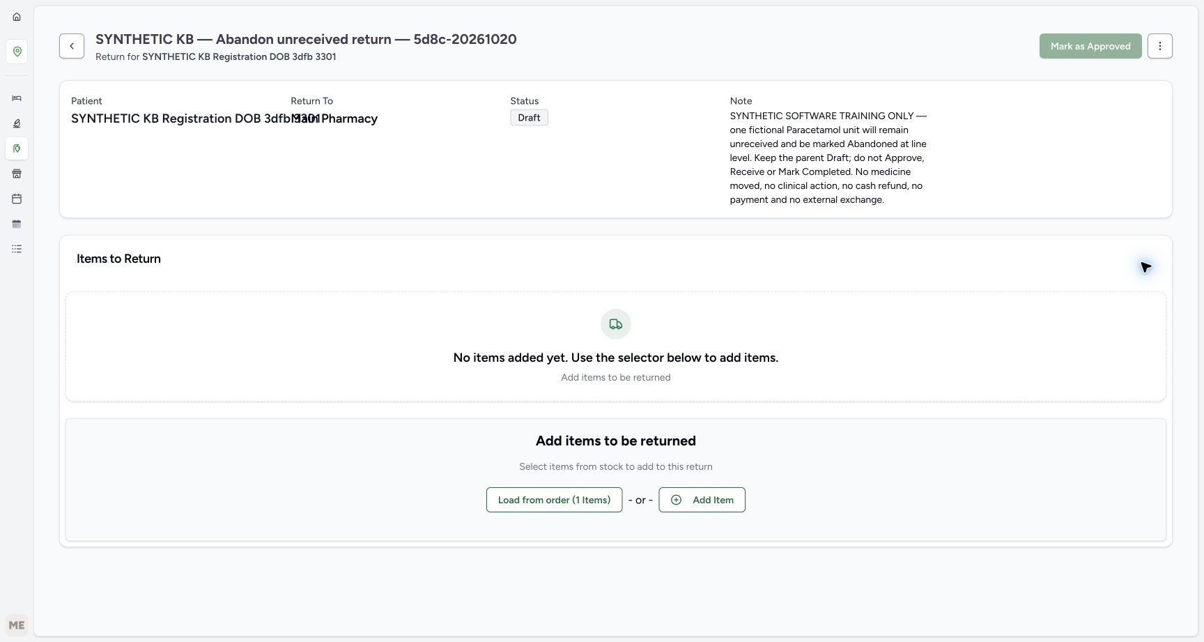 The newly saved return is Draft, with no saved items and Load from order available.