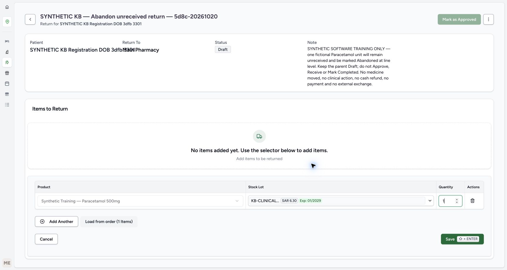 The lower editor now shows quantity one for the selected original lot, ready to save.