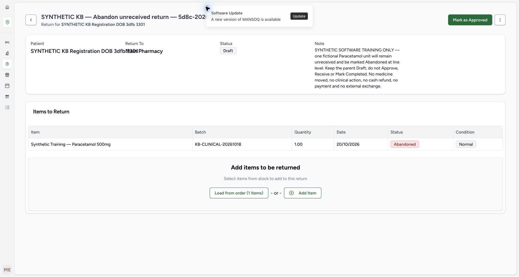 After normal reload, the same return remains Draft with one Abandoned Normal item. A separate Software Update notice is visible above the page.