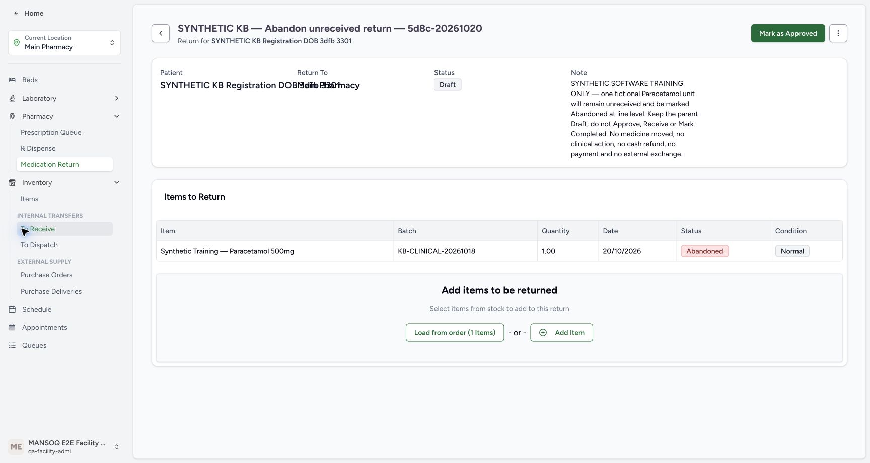 The expanded Main Pharmacy sidebar shows Inventory Items beside the saved Draft and Abandoned result.