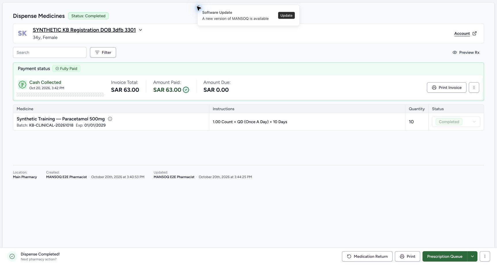 The original Paracetamol sale remains Completed for ten units, with SAR 63.00 paid and no amount due. Its Account link is visible.