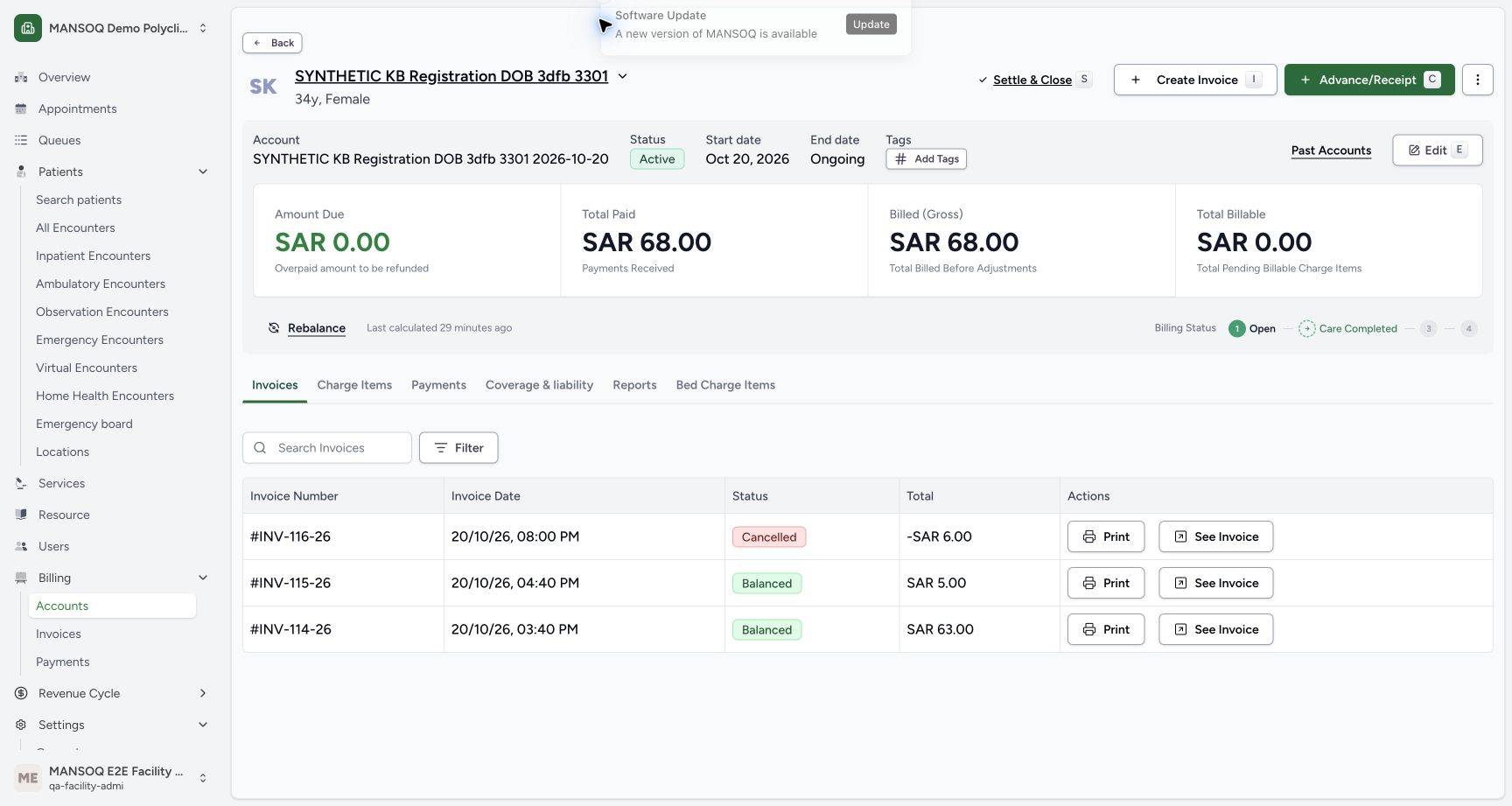 The account has zero amount due, SAR 68.00 paid and the same three existing invoices: the prior Cancelled refund and two Balanced sales.