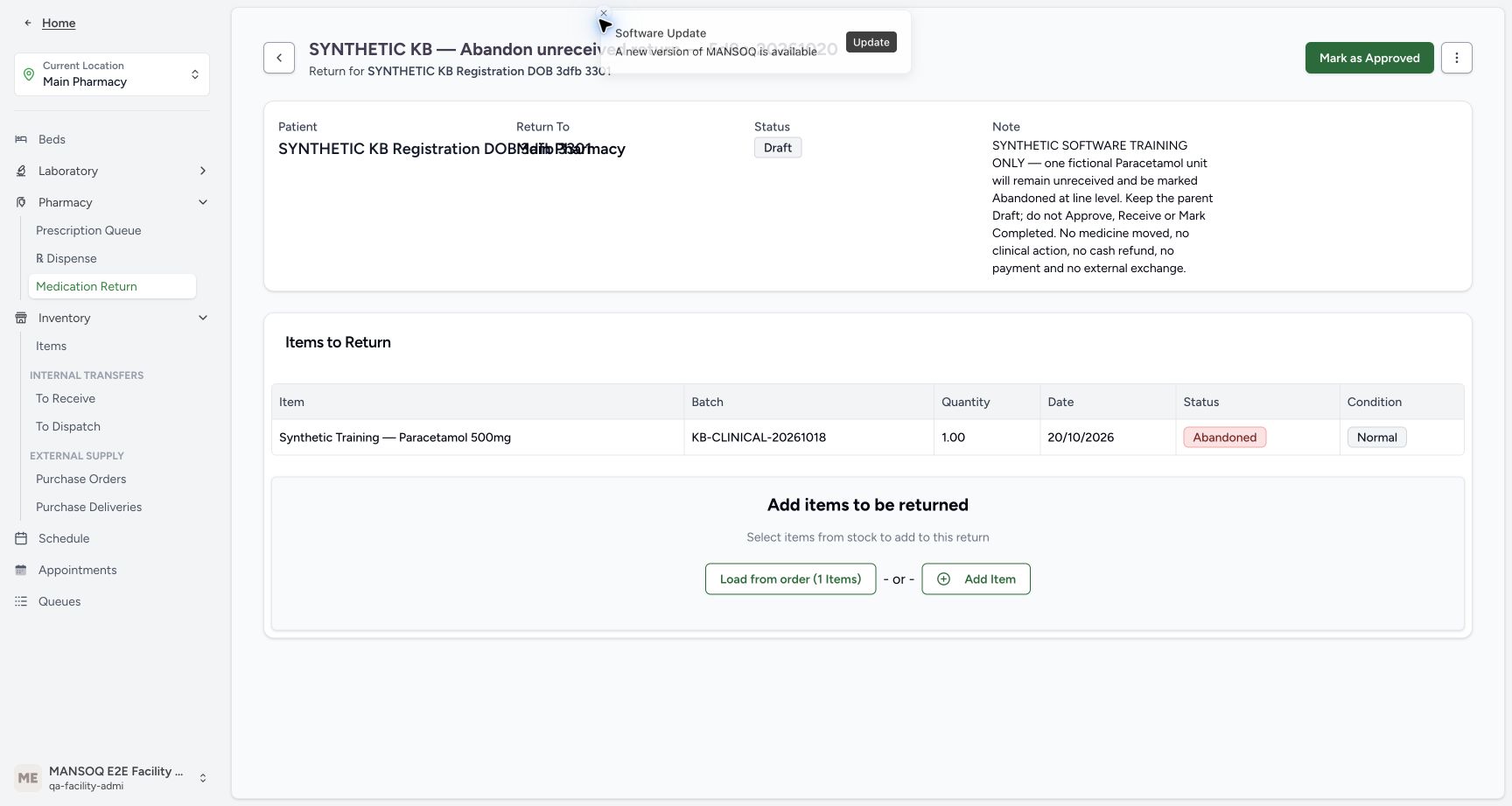 The final return view retains a Draft parent and one Abandoned Normal item with its original batch after the read-only checks.