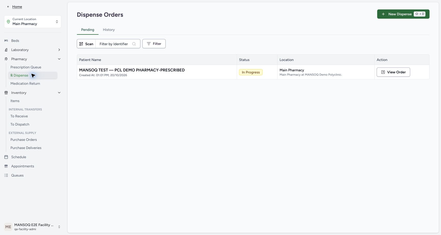 Dispense Orders opens on Pending; History and Filter by Identifier are available.
