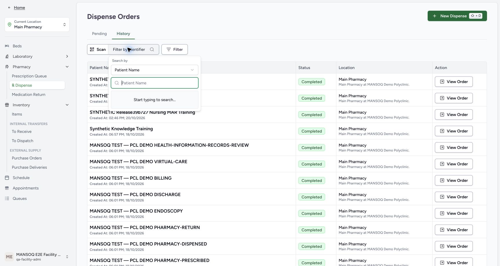 History patient lookup is open in Patient Name search mode with an empty search field.