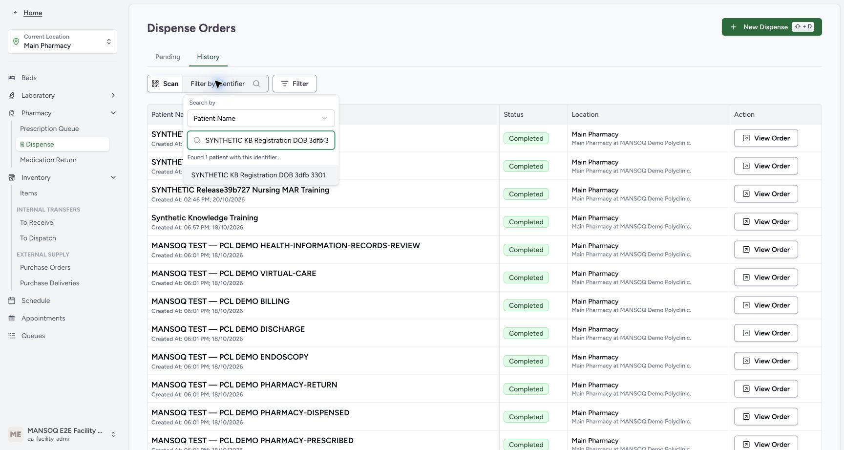 The typed synthetic name returns one matching SYNTHETIC KB Registration DOB 3dfb 3301 patient.