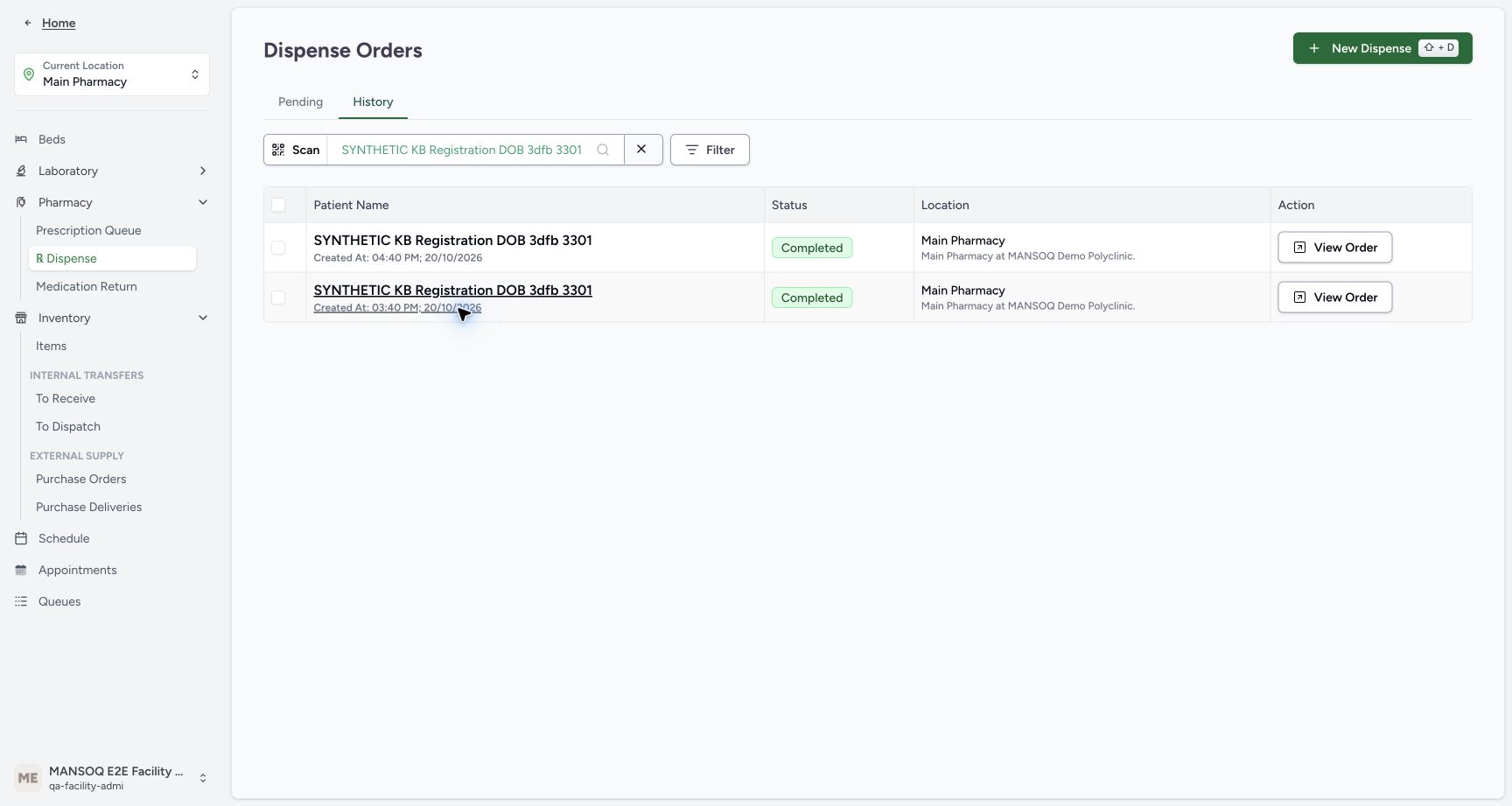 The selected patient has separate Completed orders at 04:40 PM and 03:40 PM, each with View Order.