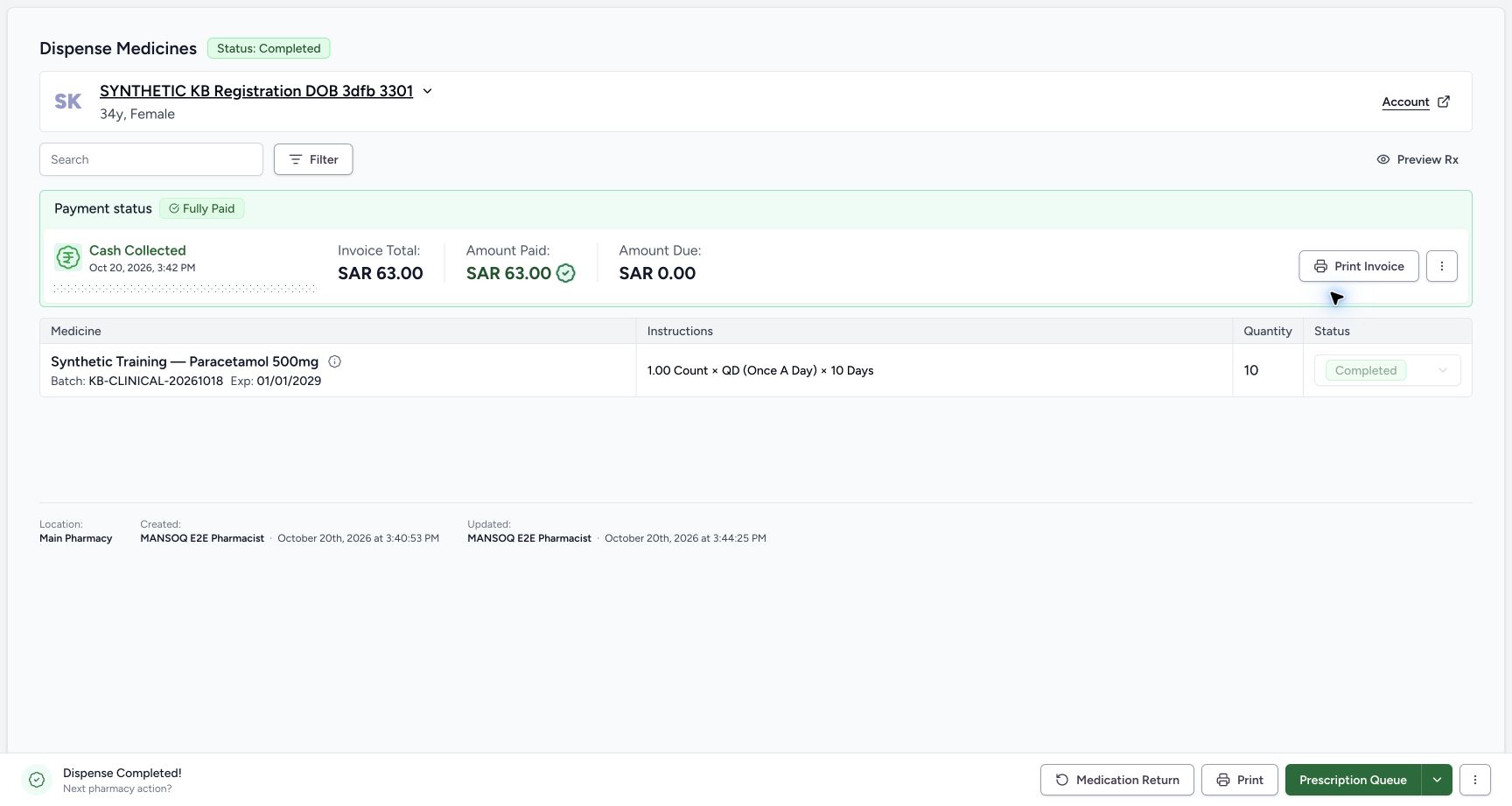 The original Paracetamol order shows Completed, quantity ten, the original batch, Fully Paid SAR 63.00 and zero amount due; Medication Return is available.