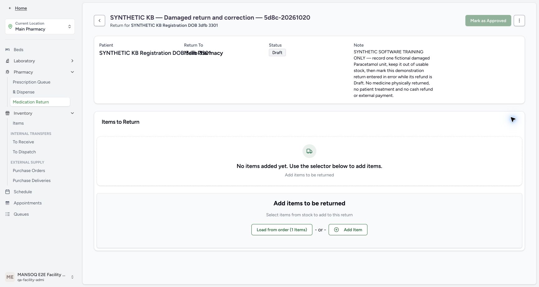 The named return is saved Draft with no saved items, disabled approval and Load from order available.