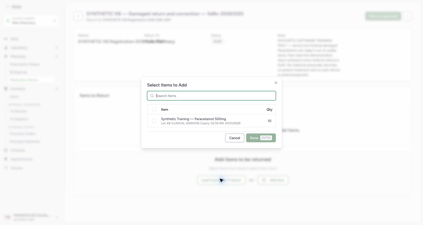 Select Items to Add lists the original Paracetamol lot KB-CLINICAL-20261018 and original quantity ten, initially unchecked.