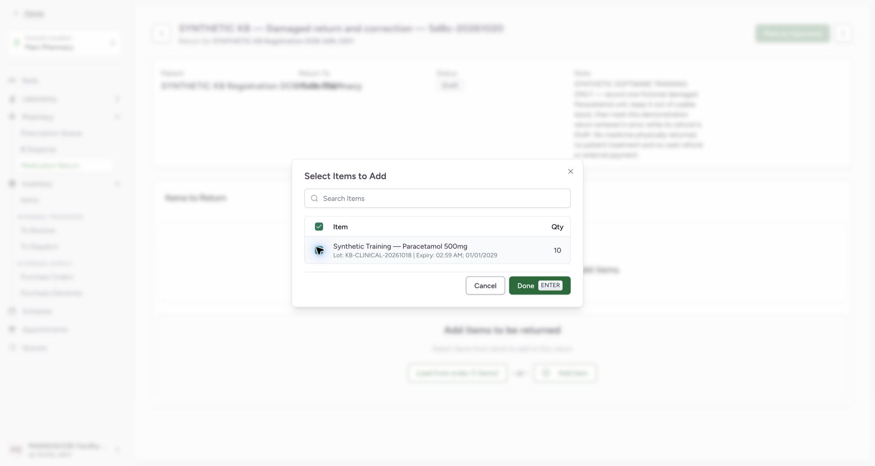 The one source item is checked and Done is enabled.