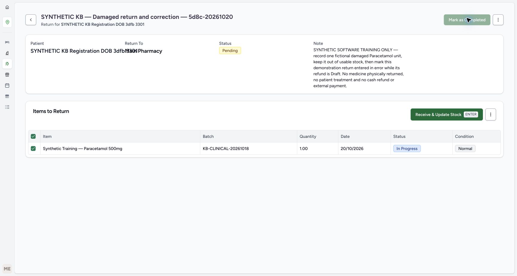 Parent is Pending and the selected one-unit row remains In Progress and Normal; Receive and Update Stock is enabled.