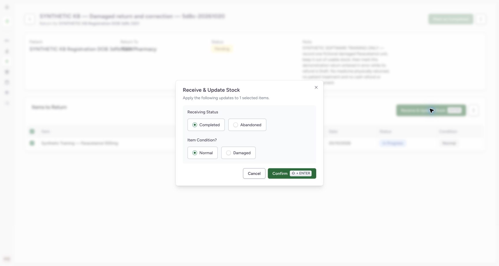 Receive and Update Stock applies to one item, with Completed and Normal selected by default and Damaged available.