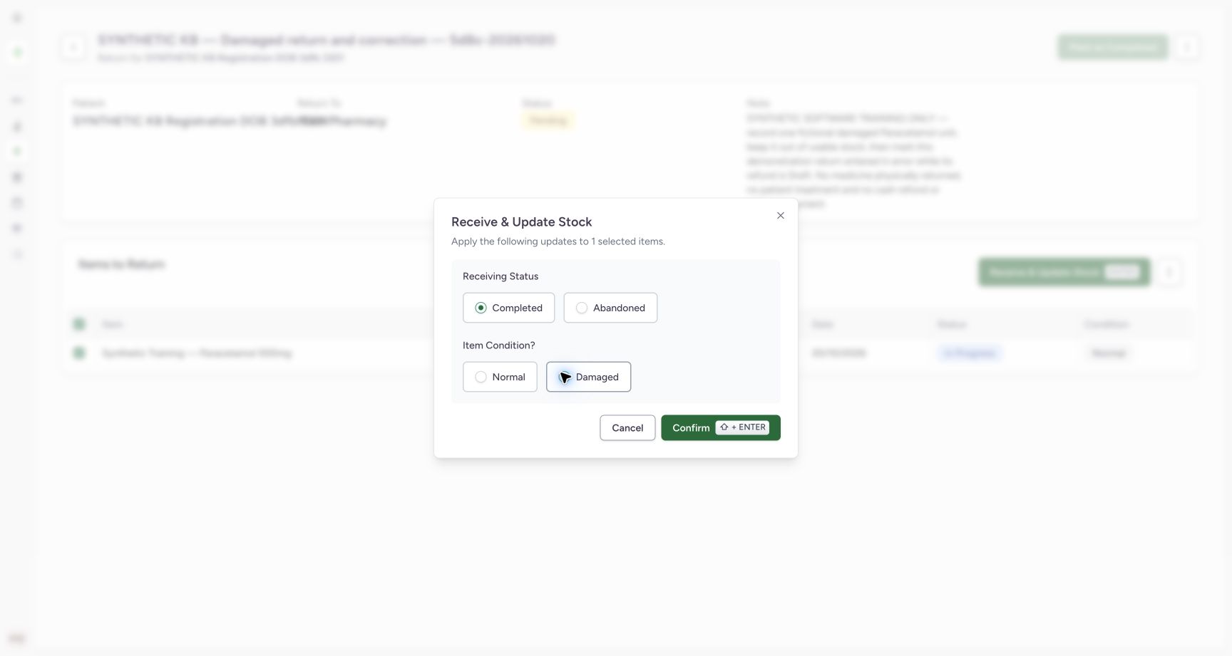 The receipt dialog explicitly selects Completed and Damaged for one item, with Confirm and Cancel available.