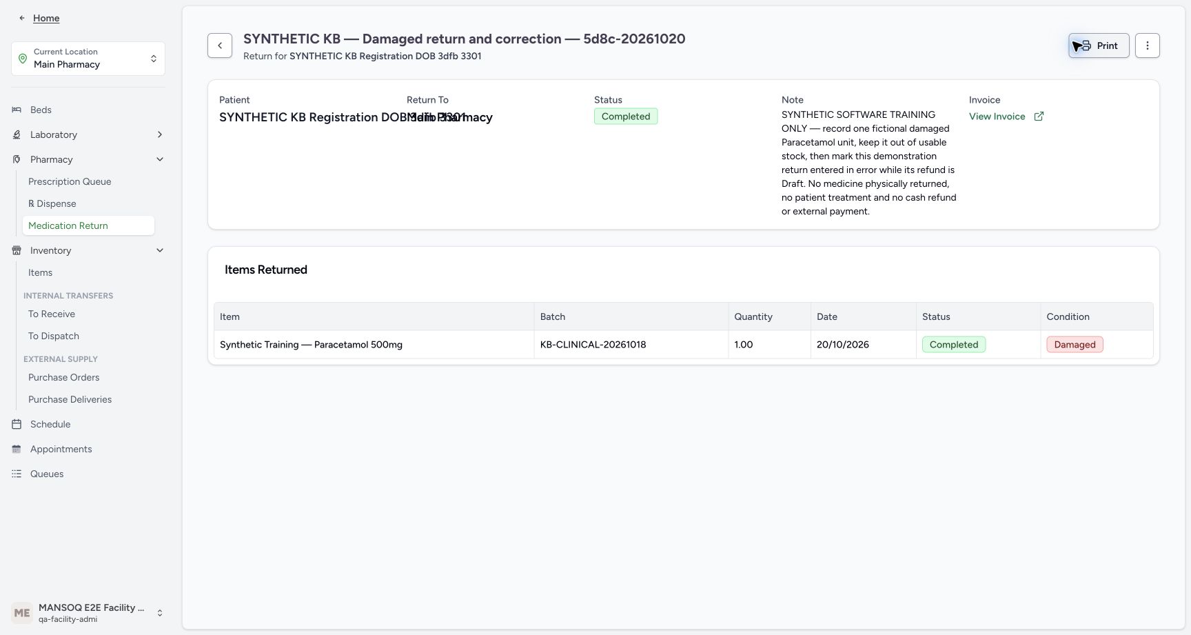 Parent is Completed, the one-unit line remains Completed and Damaged, and View Invoice is available.